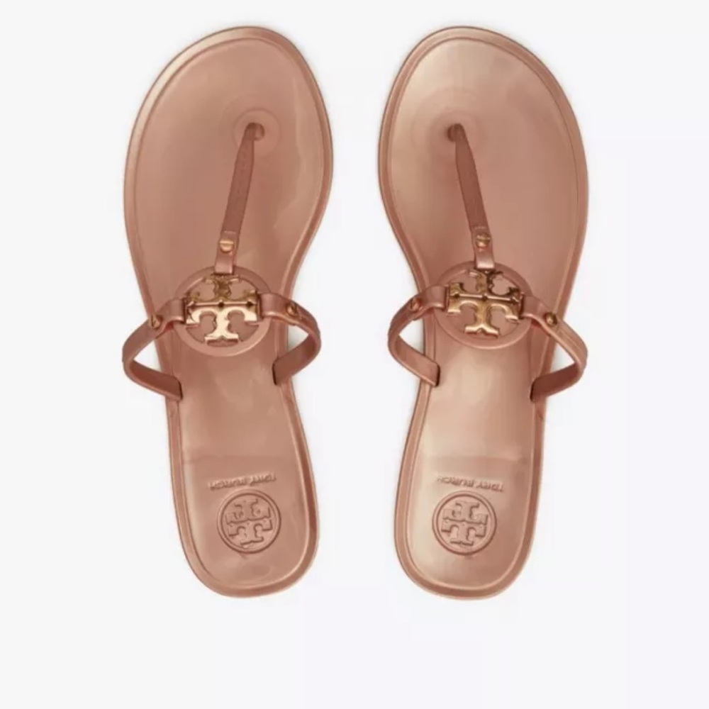 Brand New In Box Tory Burch Mini Miller Thong Jelly Rose Gold Sandal Gold Logo
